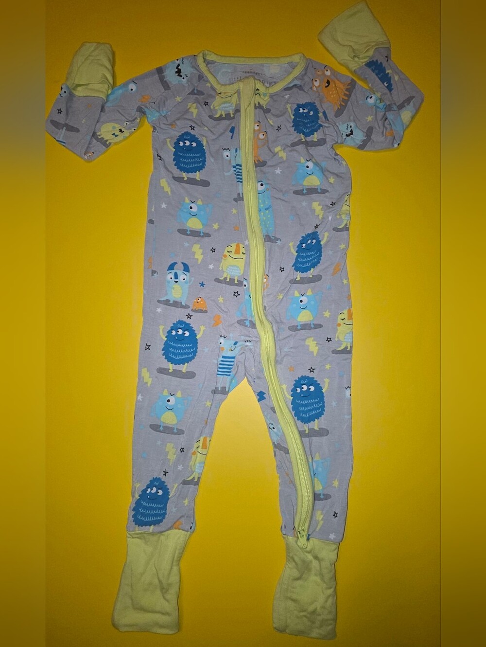 Little Sleepies Gray Monster Print Zip One-Piece with Yellow Trim